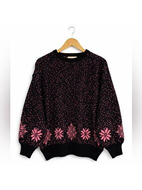 Vintage Black Pink Nordic Knit Sweater | 80s 90s Cozy Statement Pullover